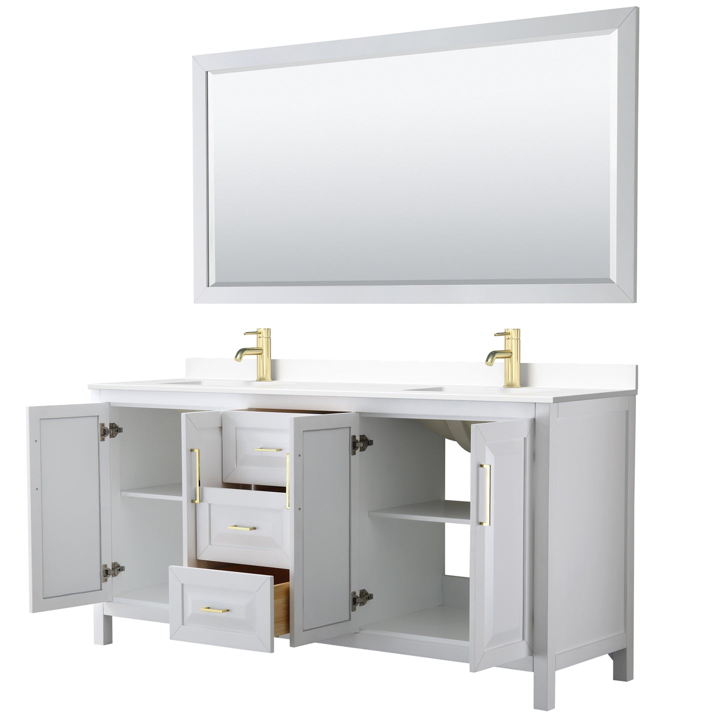 Daria 72" White Double Vanity, White Marble Top, 70" Mirror, Brushed Gold Trim