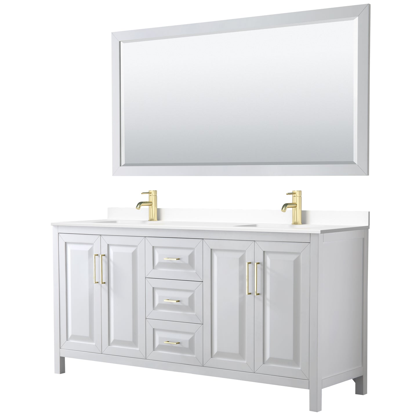 Daria 72" White Double Vanity, White Marble Top, 70" Mirror, Brushed Gold Trim