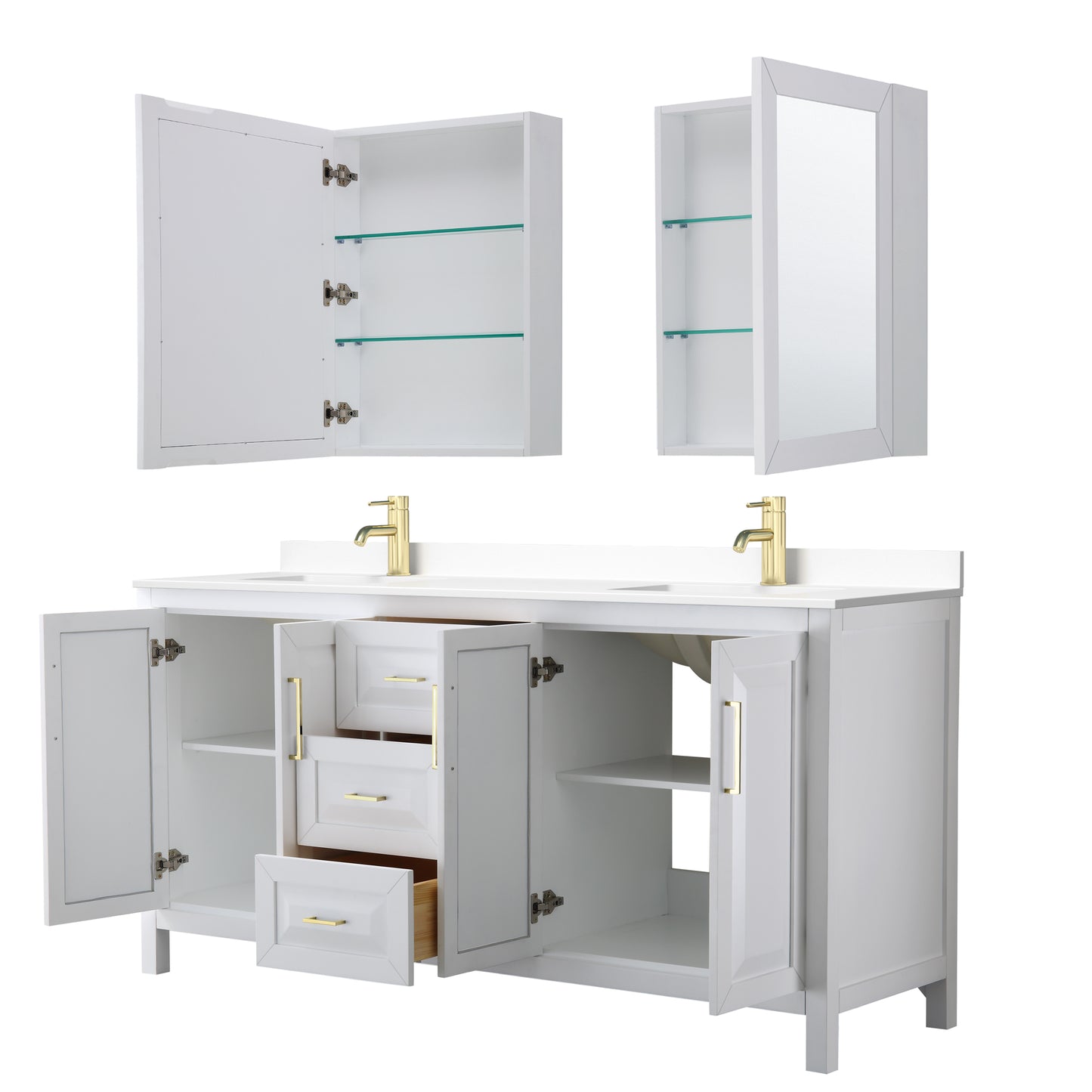 Daria 72" White Double Vanity, White Marble Top, Medicine Cabinets, Gold Trim