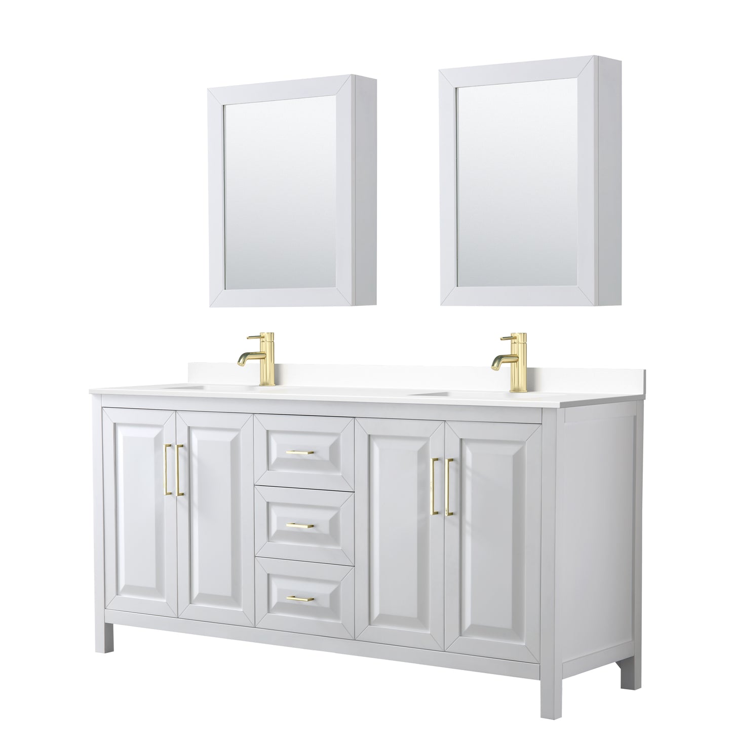 Daria 72" White Double Vanity, White Marble Top, Medicine Cabinets, Gold Trim