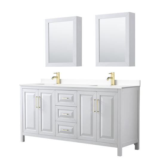 Daria 72" White Double Vanity, White Marble Top, Medicine Cabinets, Gold Trim