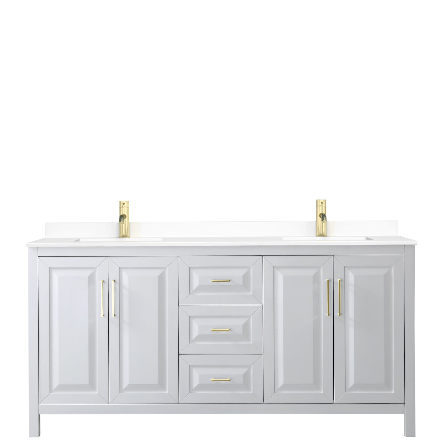 Daria 72" Double Vanity in White, White Cultured Marble Top, Gold Trim