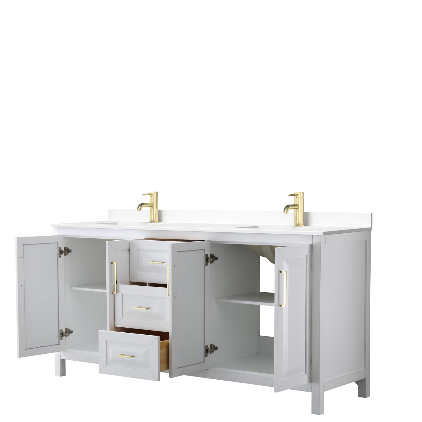 Daria 72" Double Vanity in White, White Cultured Marble Top, Gold Trim