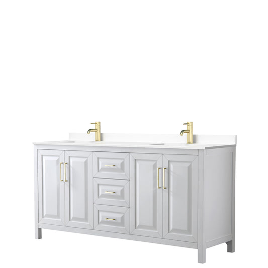 Daria 72" Double Vanity in White, White Cultured Marble Top, Gold Trim