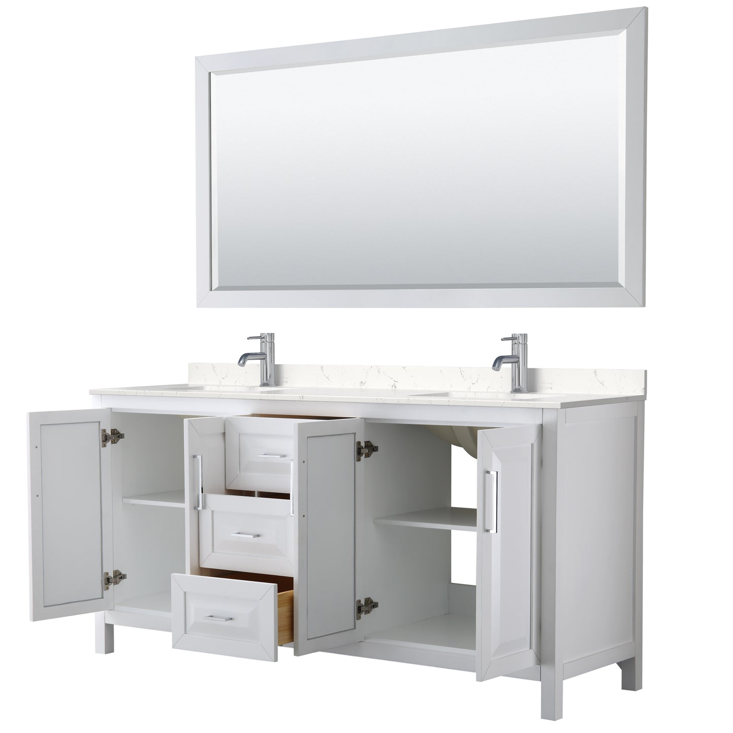 Daria 72" Double Vanity in White, Carrara Cultured Marble Top, Sinks, 70" Mirror