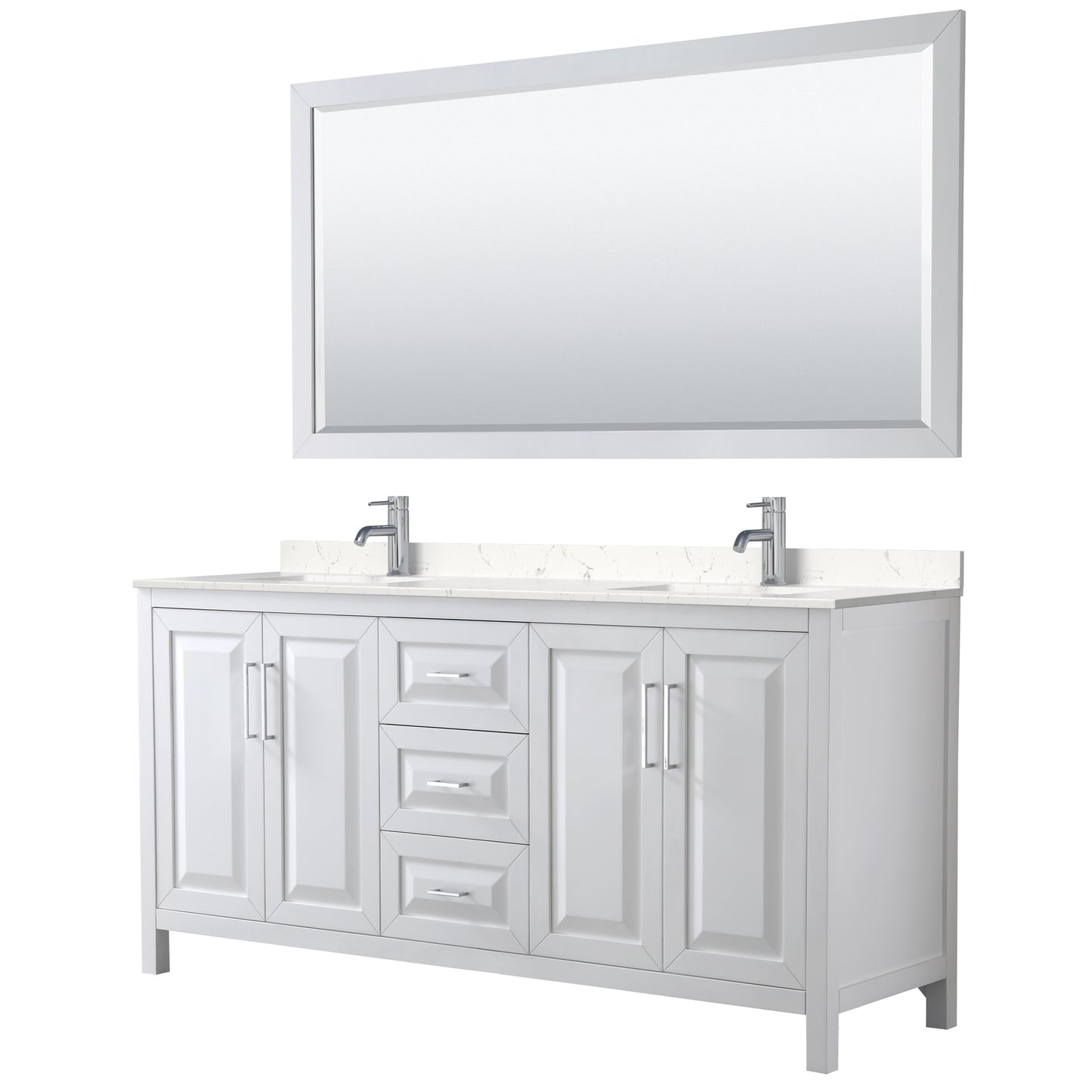 Daria 72" Double Vanity in White, Carrara Cultured Marble Top, Sinks, 70" Mirror