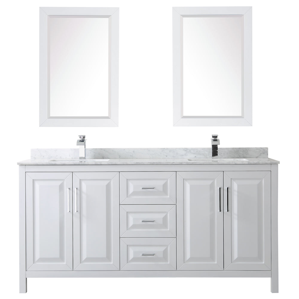 Daria 72" Double Vanity in White, Top, Square Sinks, 24" Mirrors