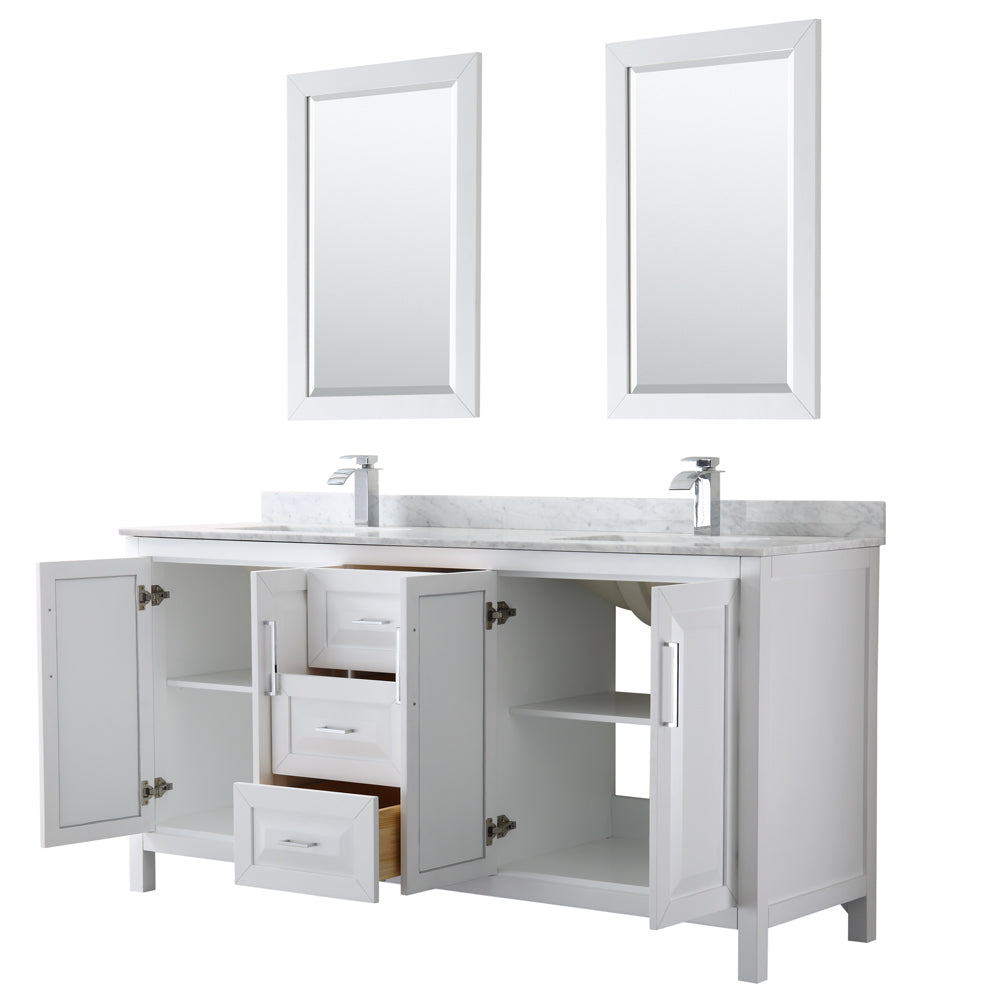 Daria 72" Double Vanity in White, Top, Square Sinks, 24" Mirrors