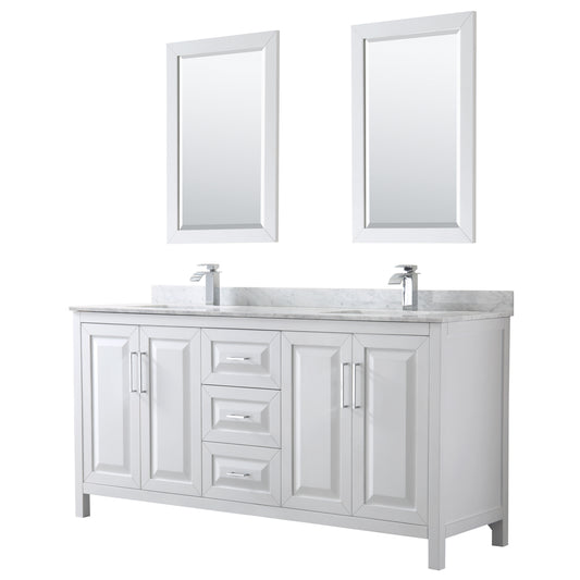 Daria 72 inch Double Bathroom Vanity in White, White Carrara Marble Countertop, Undermount Square Sinks, and 24 inch Mirrors