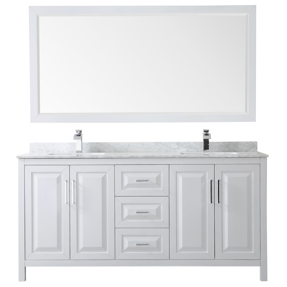 Daria 72" Double Vanity in White, Top, Square Sinks, 70" Mirror