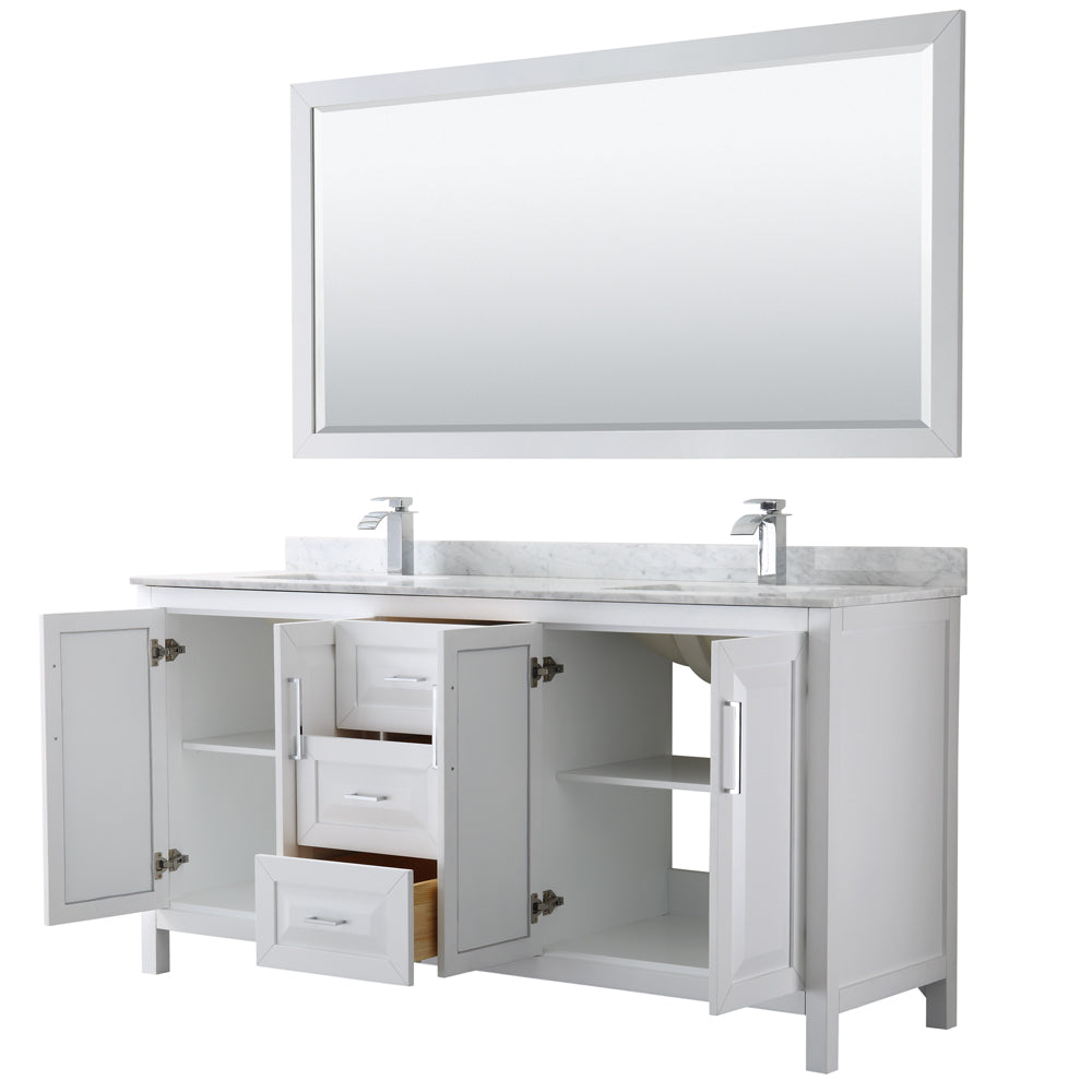 Daria 72" Double Vanity in White, Top, Square Sinks, 70" Mirror