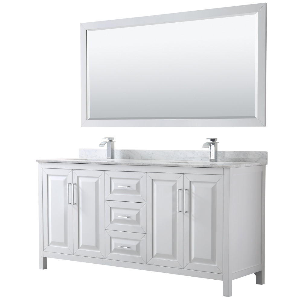 Daria 72 inch Double Bathroom Vanity in White, White Carrara Marble Countertop, Undermount Square Sinks, and 70 inch Mirror