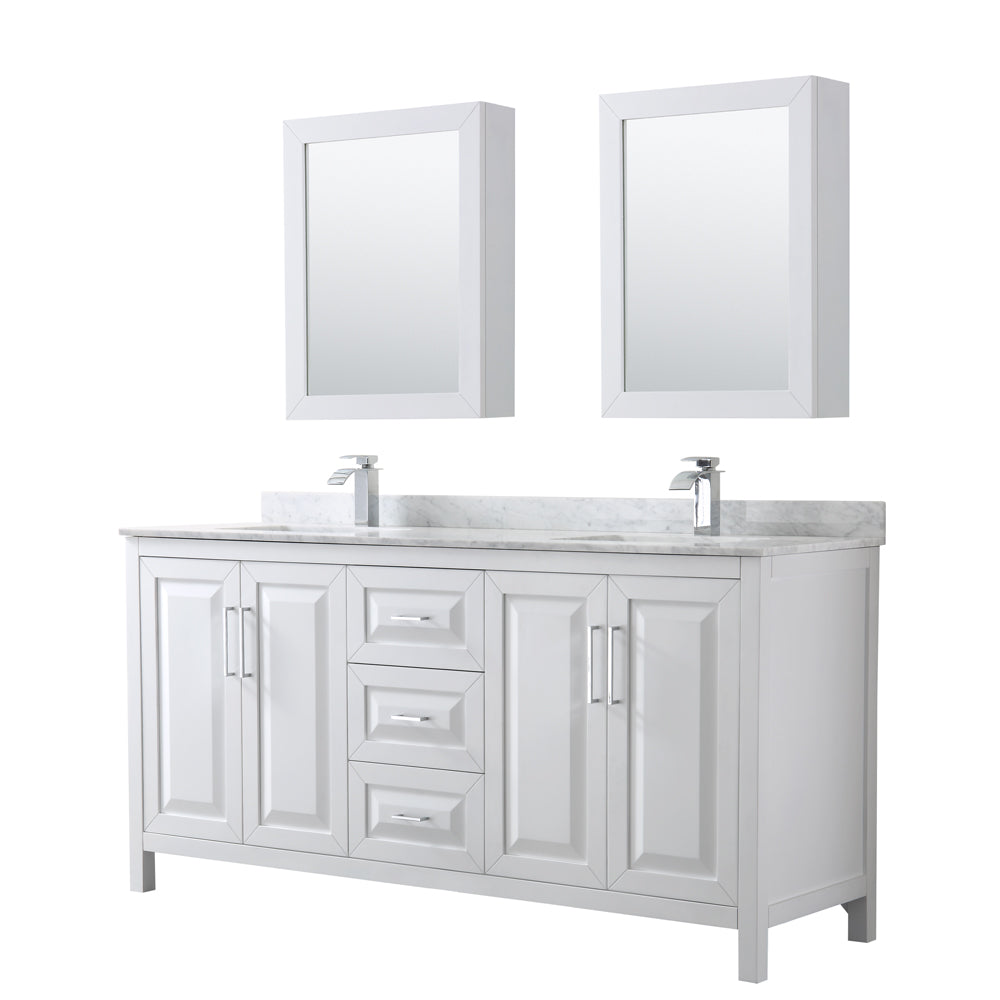 Daria 72 inch Double Bathroom Vanity in White, White Carrara Marble Countertop, Undermount Square Sinks, and Medicine Cabinets