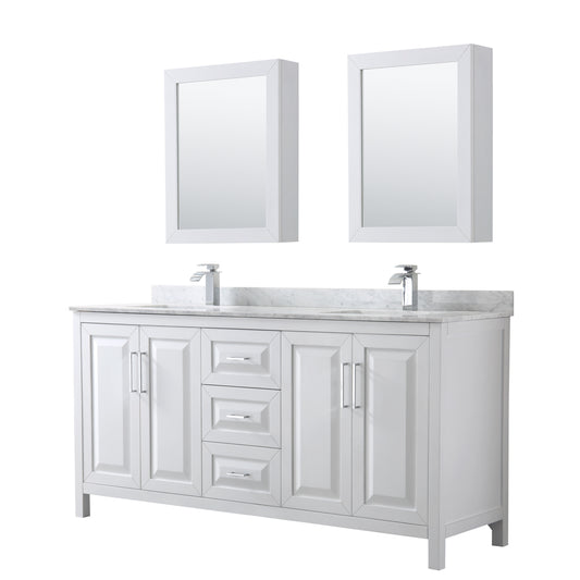 Daria 72 inch Double Bathroom Vanity in White, White Carrara Marble Countertop, Undermount Square Sinks, and Medicine Cabinets