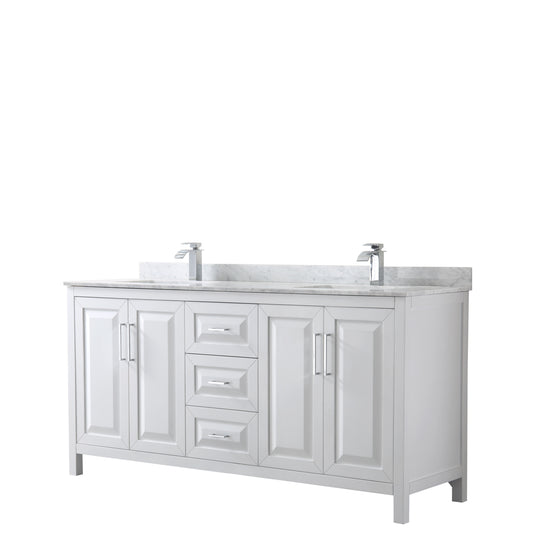 Daria 72 inch Double Bathroom Vanity in White, White Carrara Marble Countertop, Undermount Square Sinks, and No Mirror