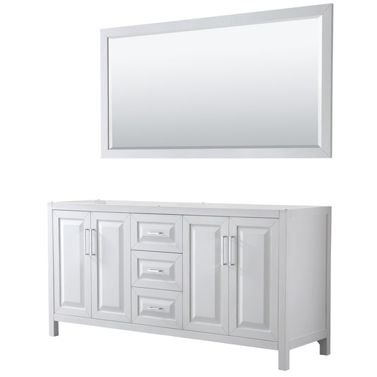 Daria 72 inch Double Bathroom Vanity in White, No Countertop, No Sink, and 70 inch Mirror