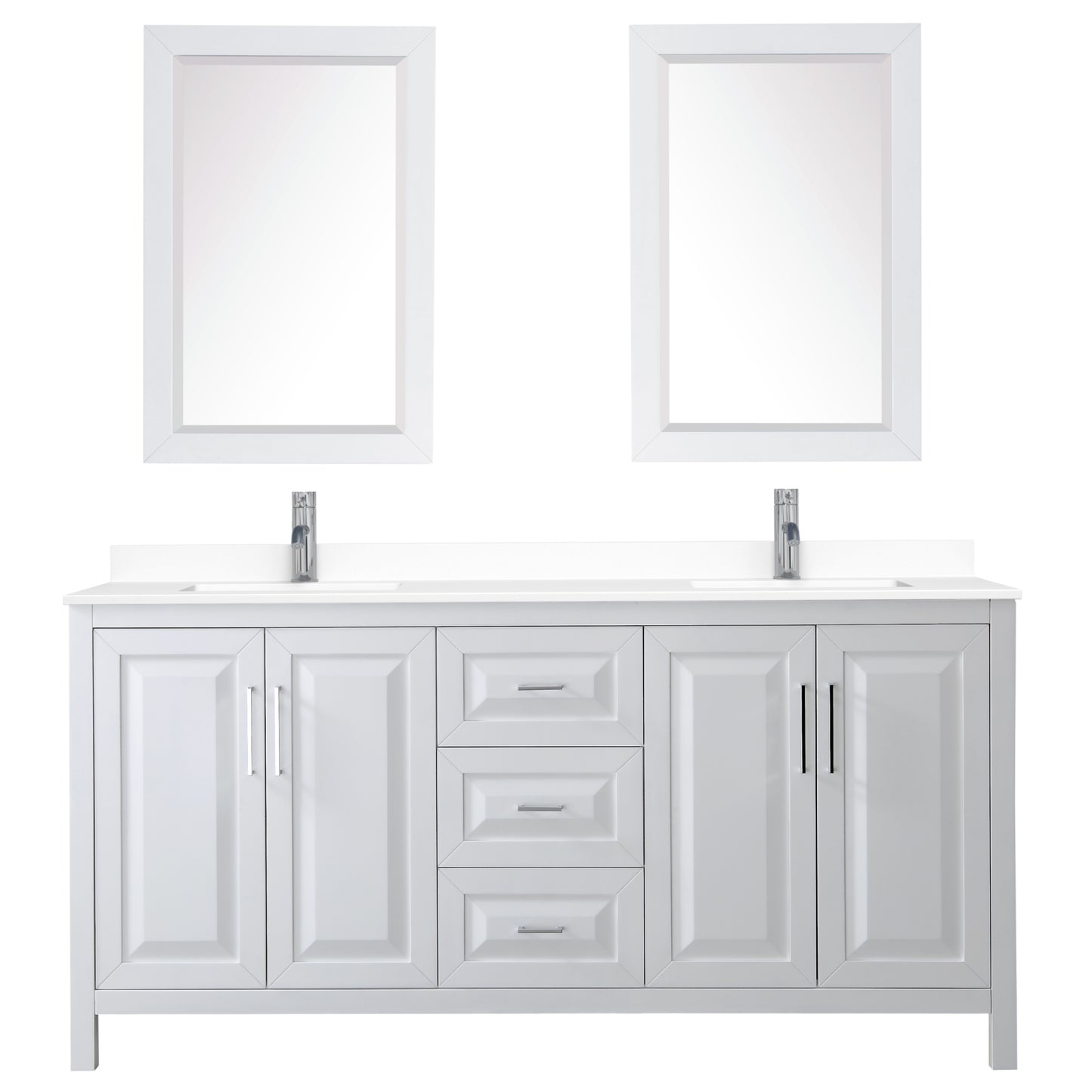 Daria 72" Double Vanity in White, White Cultured Marble Top, Sinks, 24" Mirrors