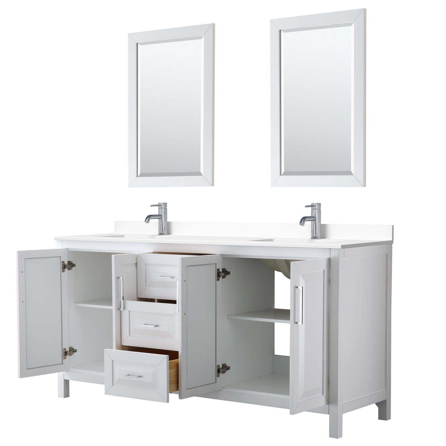 Daria 72" Double Vanity in White, White Cultured Marble Top, Sinks, 24" Mirrors