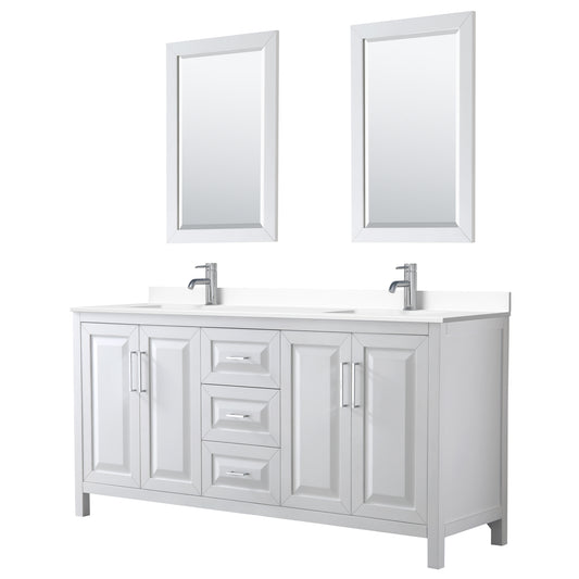 Daria 72" Double Vanity in White, White Cultured Marble Top, Sinks, 24" Mirrors