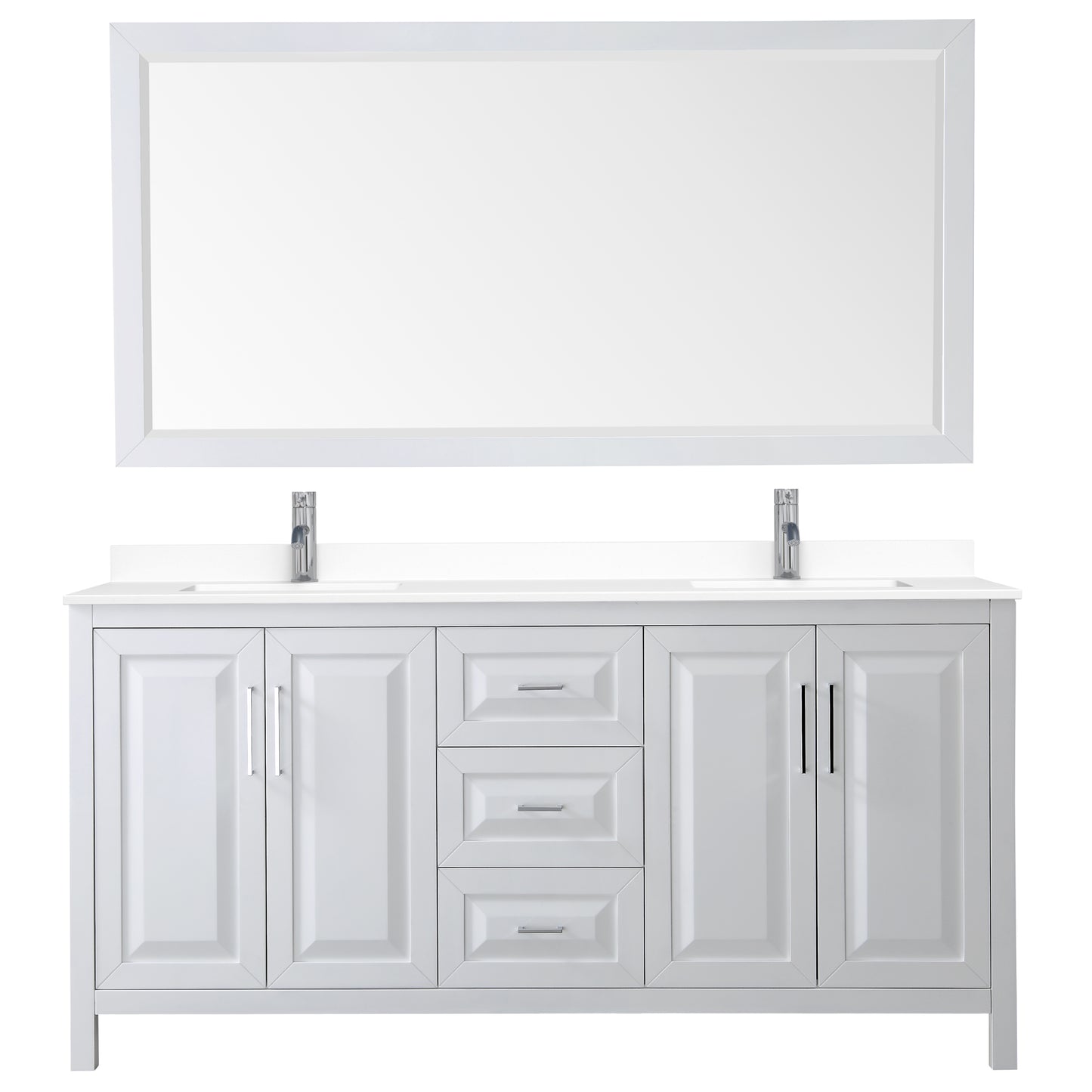 Daria 72" Double Vanity in White, White Cultured Marble Top, Sinks, 70" Mirror