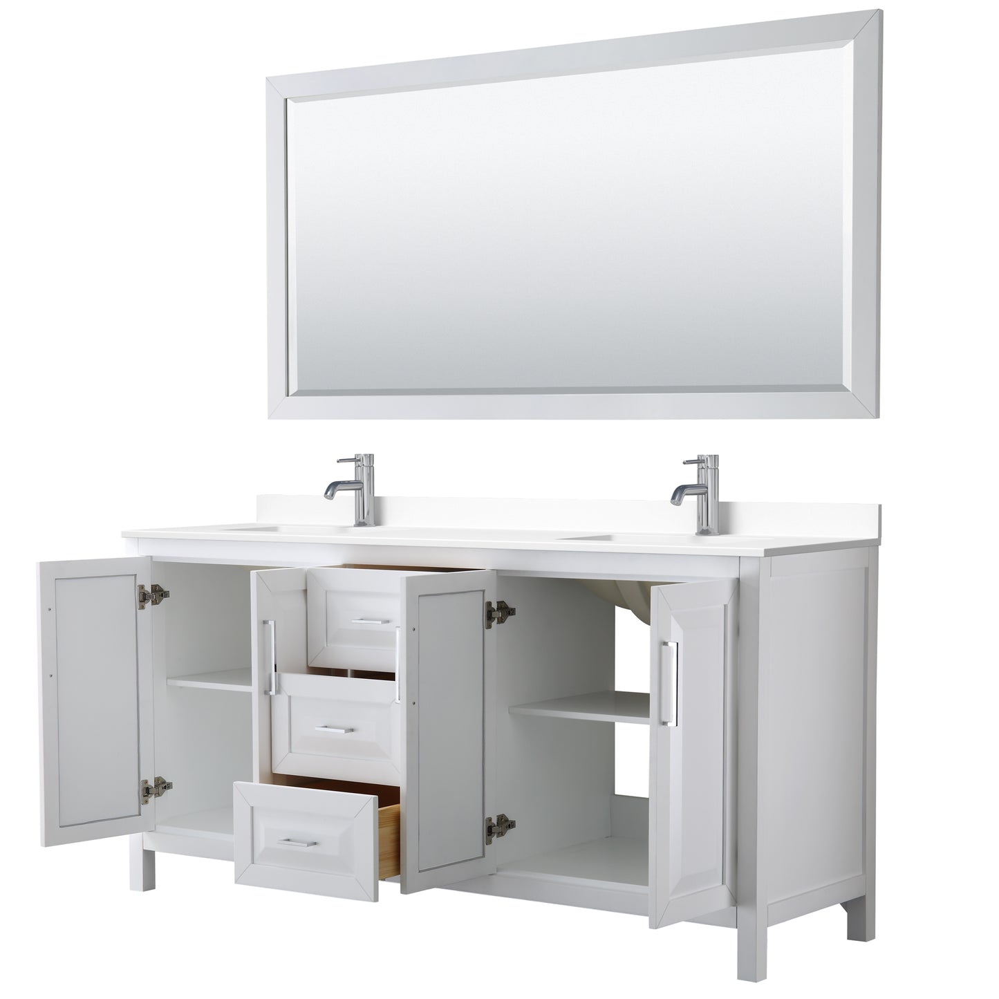 Daria 72" Double Vanity in White, White Cultured Marble Top, Sinks, 70" Mirror