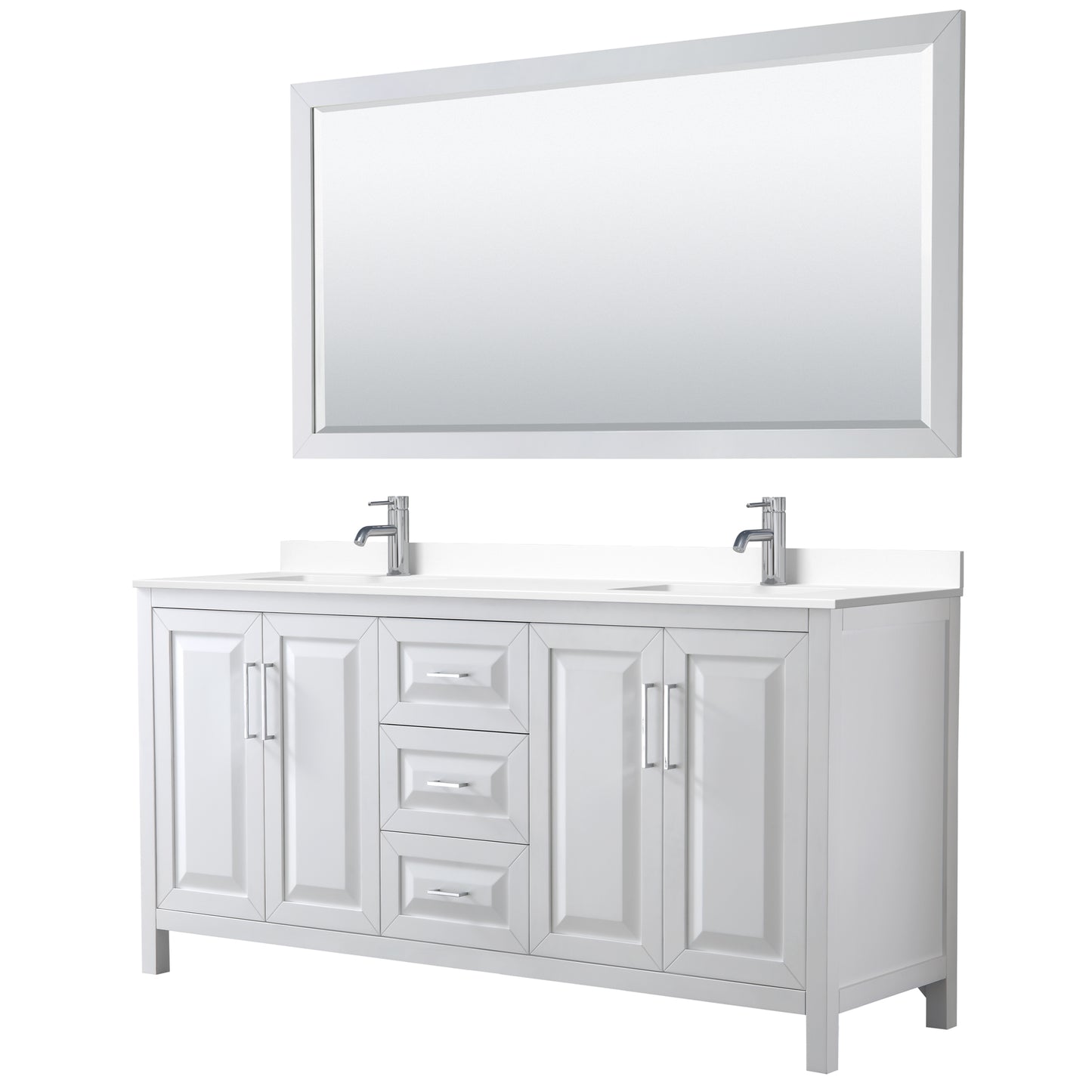 Daria 72" Double Vanity in White, White Cultured Marble Top, Sinks, 70" Mirror