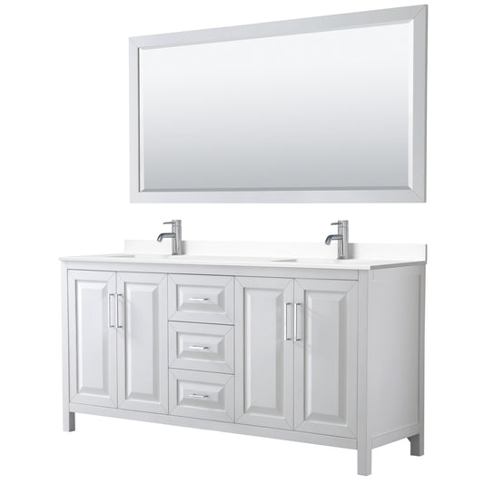 Daria 72" Double Vanity in White, White Cultured Marble Top, Sinks, 70" Mirror