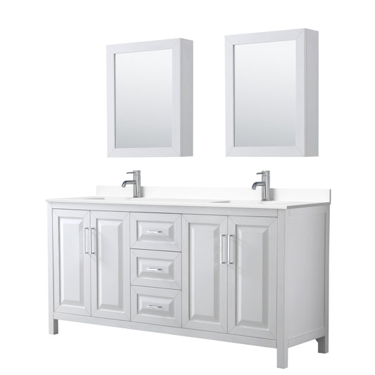 Daria 72" Double Vanity in White, White Cultured Marble Top, Medicine Cabinets