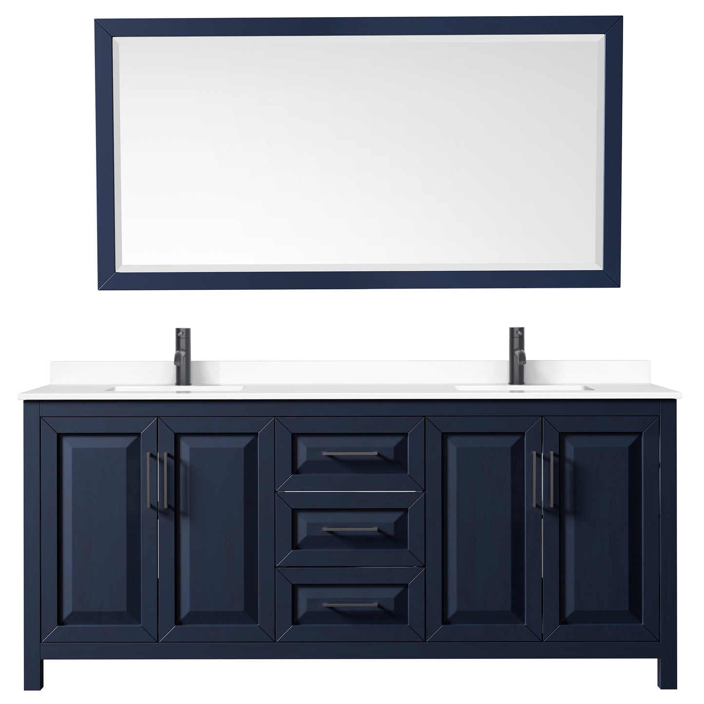 Daria 80" Double Vanity in Dark Blue, White Marble Top, Black Trim, 70" Mirror