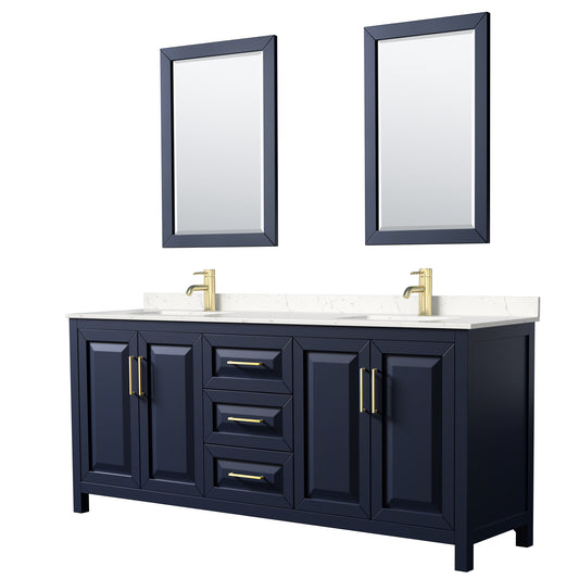 Daria 80" Double Vanity in Dark Blue, Carrara Cultured Marble Top, 24" Mirrors