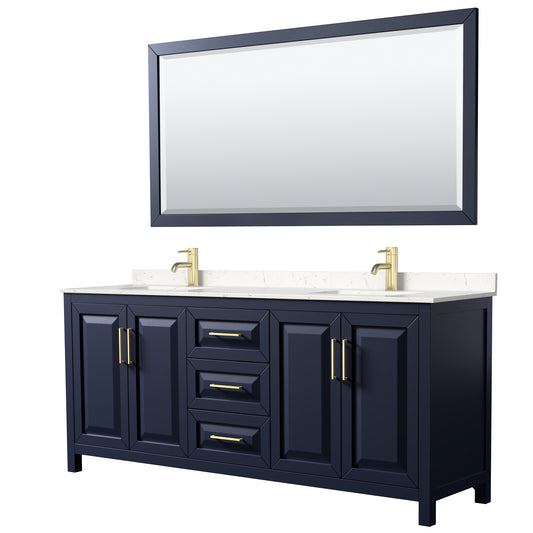 Daria 80" Double Vanity in Dark Blue, Carrara Cultured Marble Top, 70" Mirror