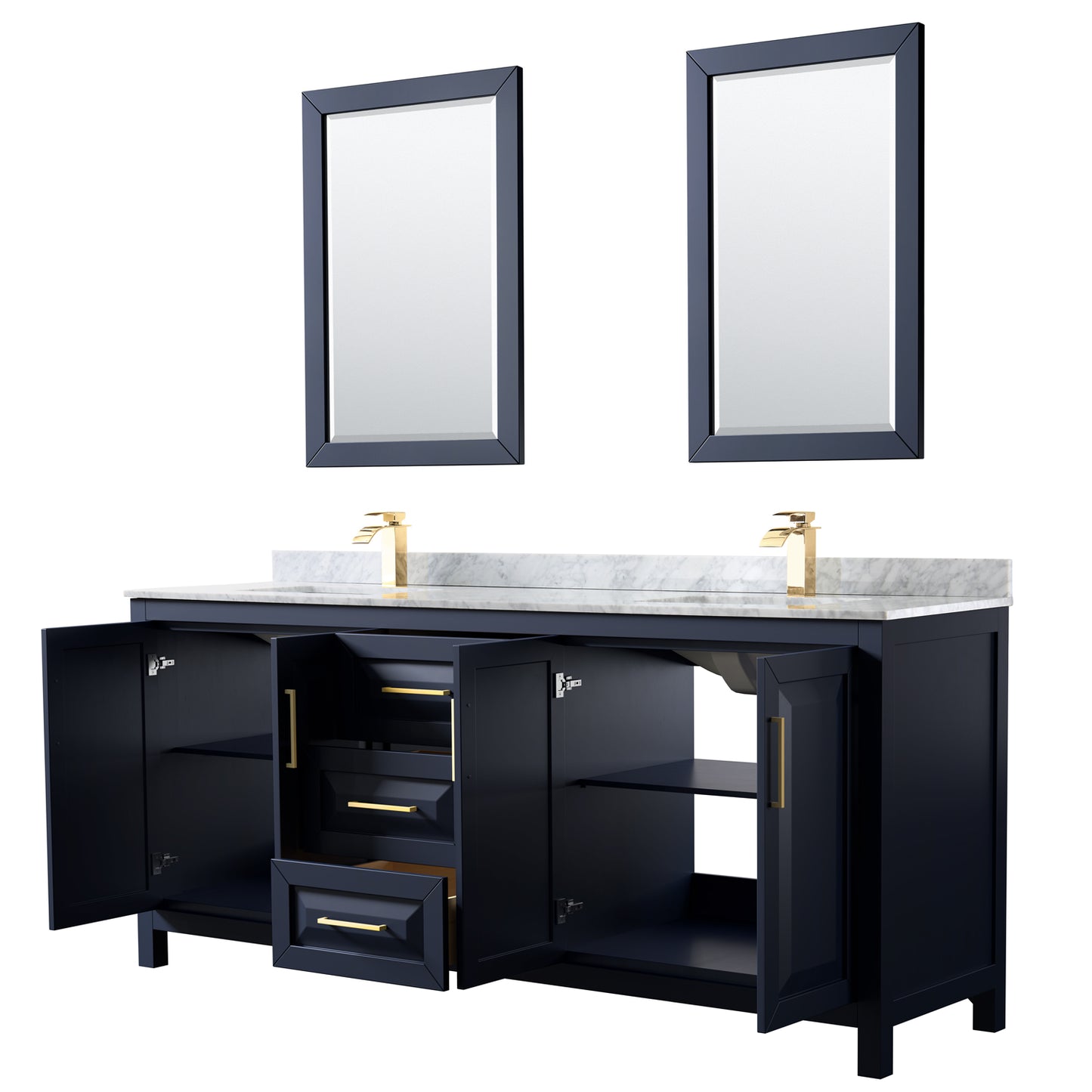 Daria 80" Double Vanity in Dark Blue, Top, Square Sinks, 24" Mirrors