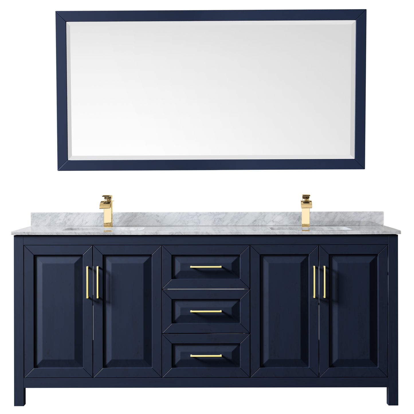 Daria 80" Double Vanity in Dark Blue, Top, Square Sinks, 70" Mirror