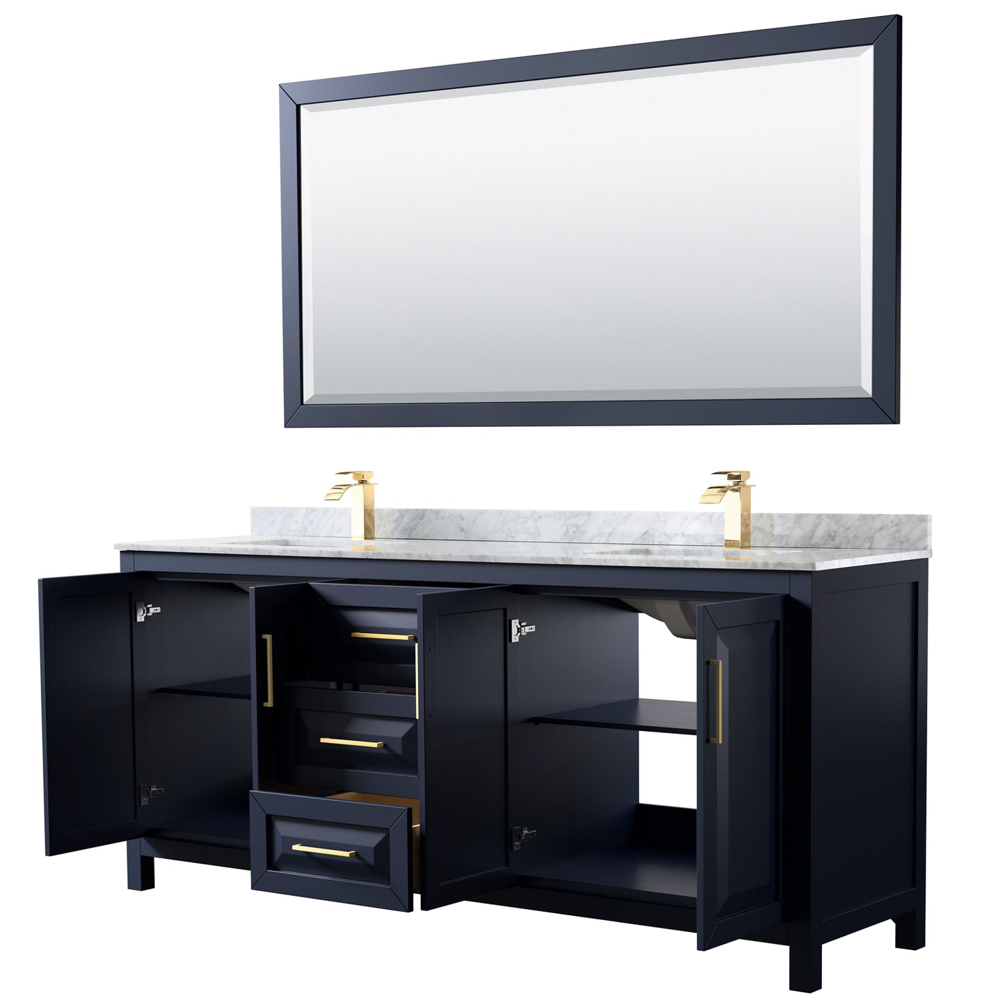 Daria 80" Double Vanity in Dark Blue, Top, Square Sinks, 70" Mirror