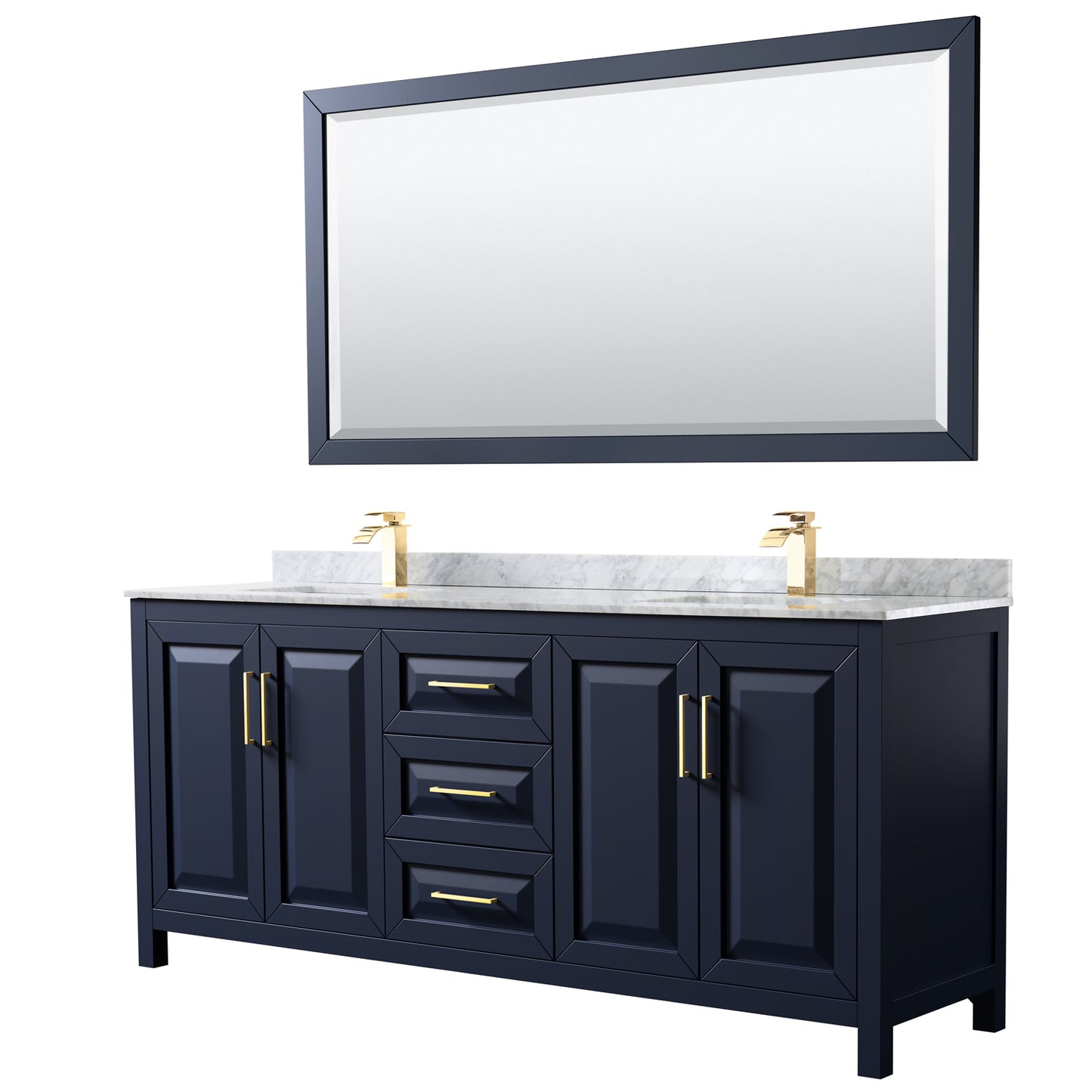 Daria 80" Double Vanity in Dark Blue, Top, Square Sinks, 70" Mirror