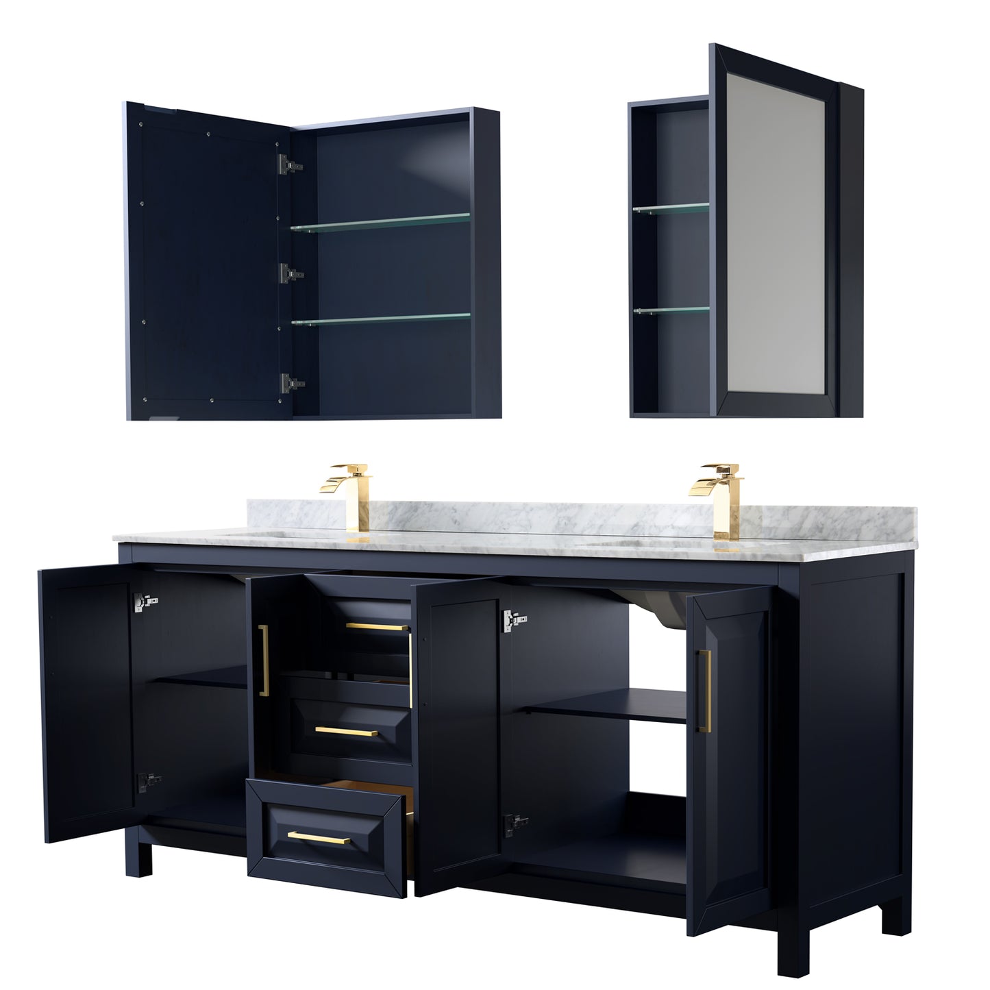Daria 80" Double Vanity in Dark Blue, Top, Square Sinks, Medicine Cabinets
