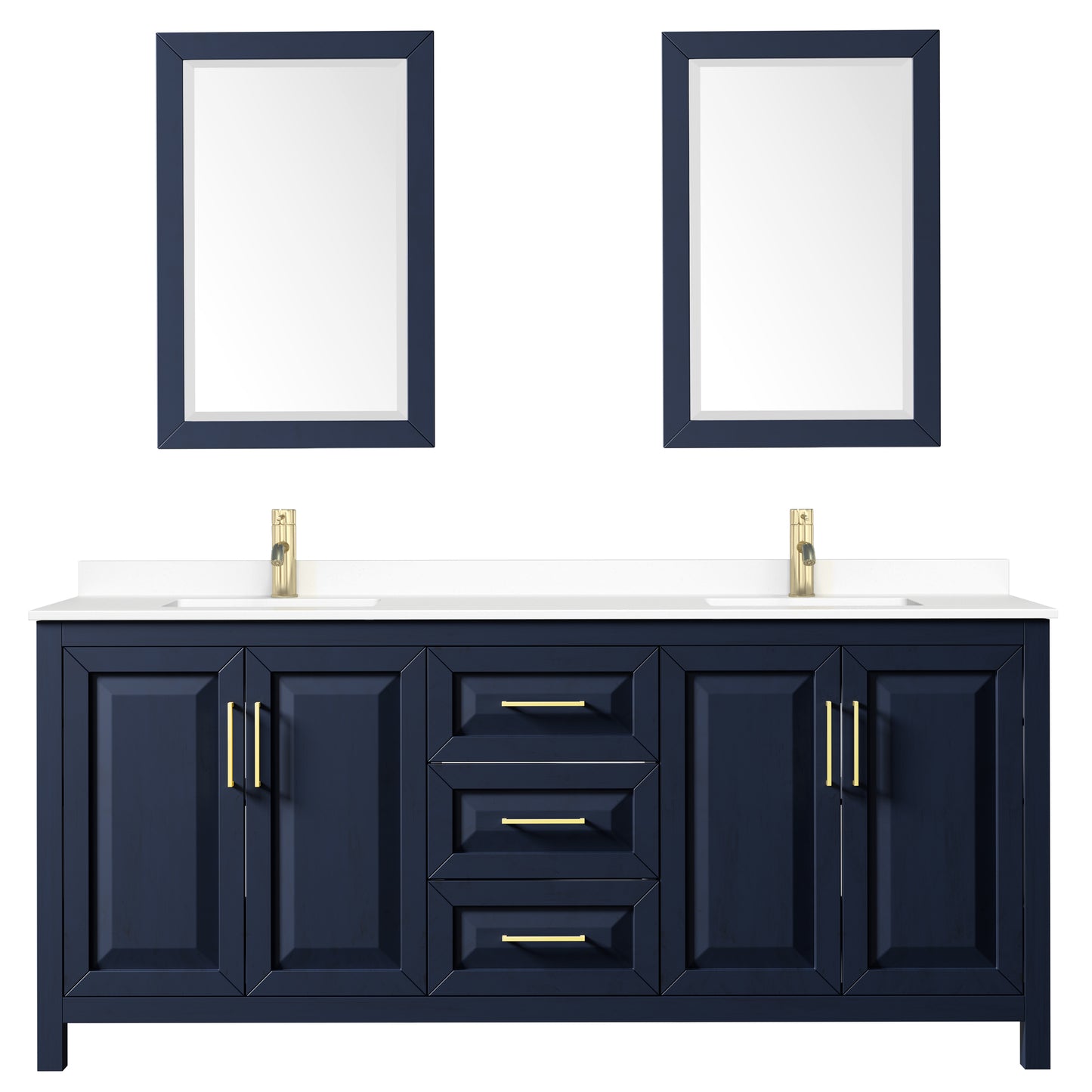 Daria 80" Double Vanity in Dark Blue, White Cultured Marble Top, 24" Mirrors