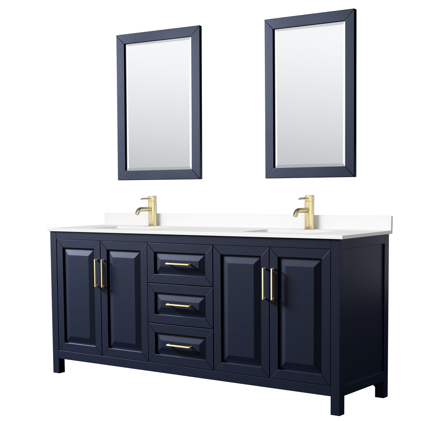 Daria 80" Double Vanity in Dark Blue, White Cultured Marble Top, 24" Mirrors