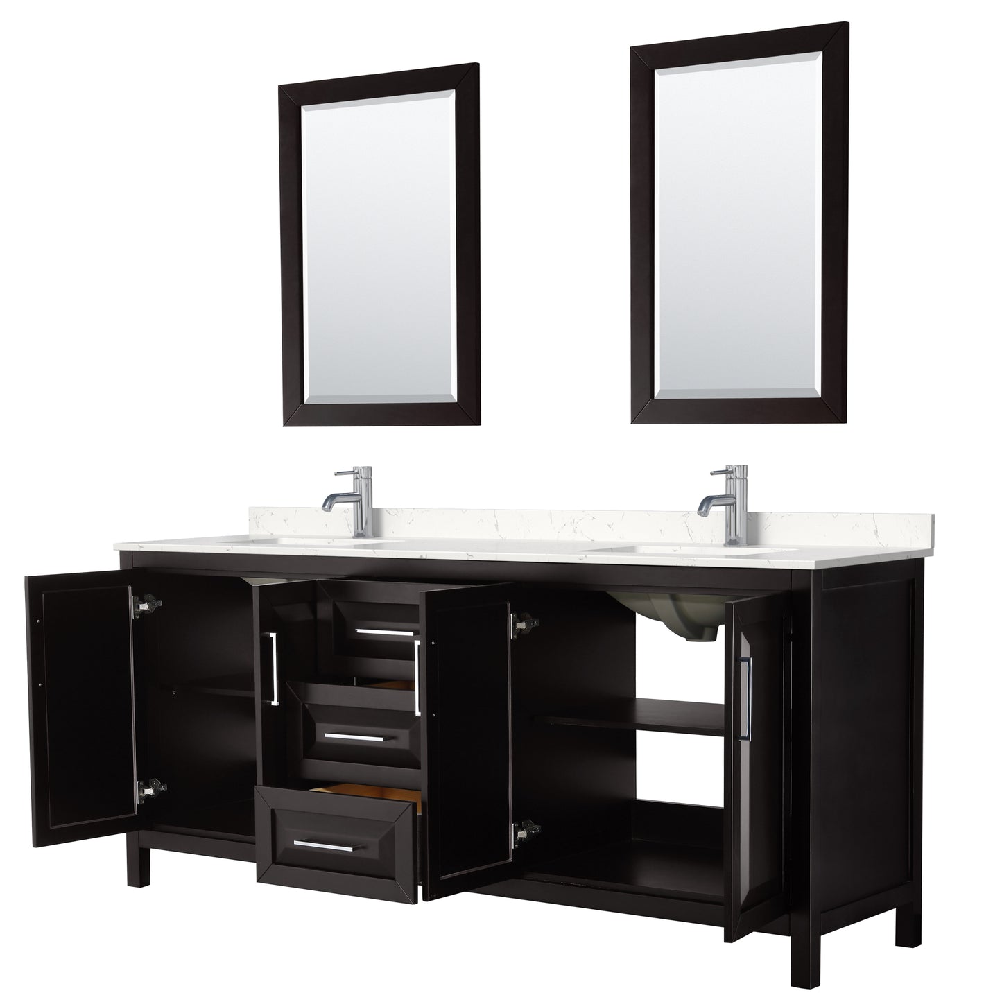 Daria 80" Double Vanity in Espresso, Carrara Cultured Marble Top, 24" Mirrors