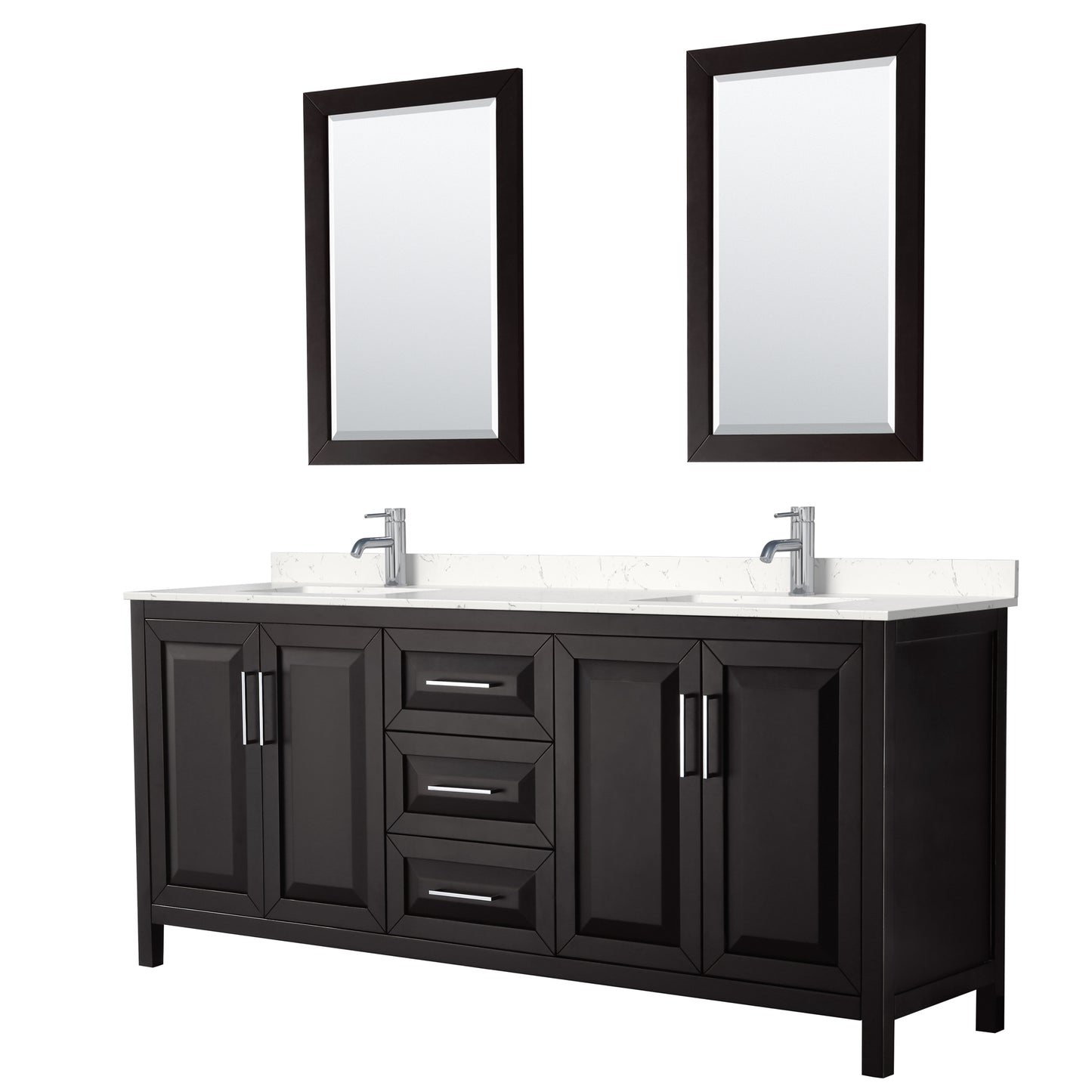 Daria 80" Double Vanity in Espresso, Carrara Cultured Marble Top, 24" Mirrors