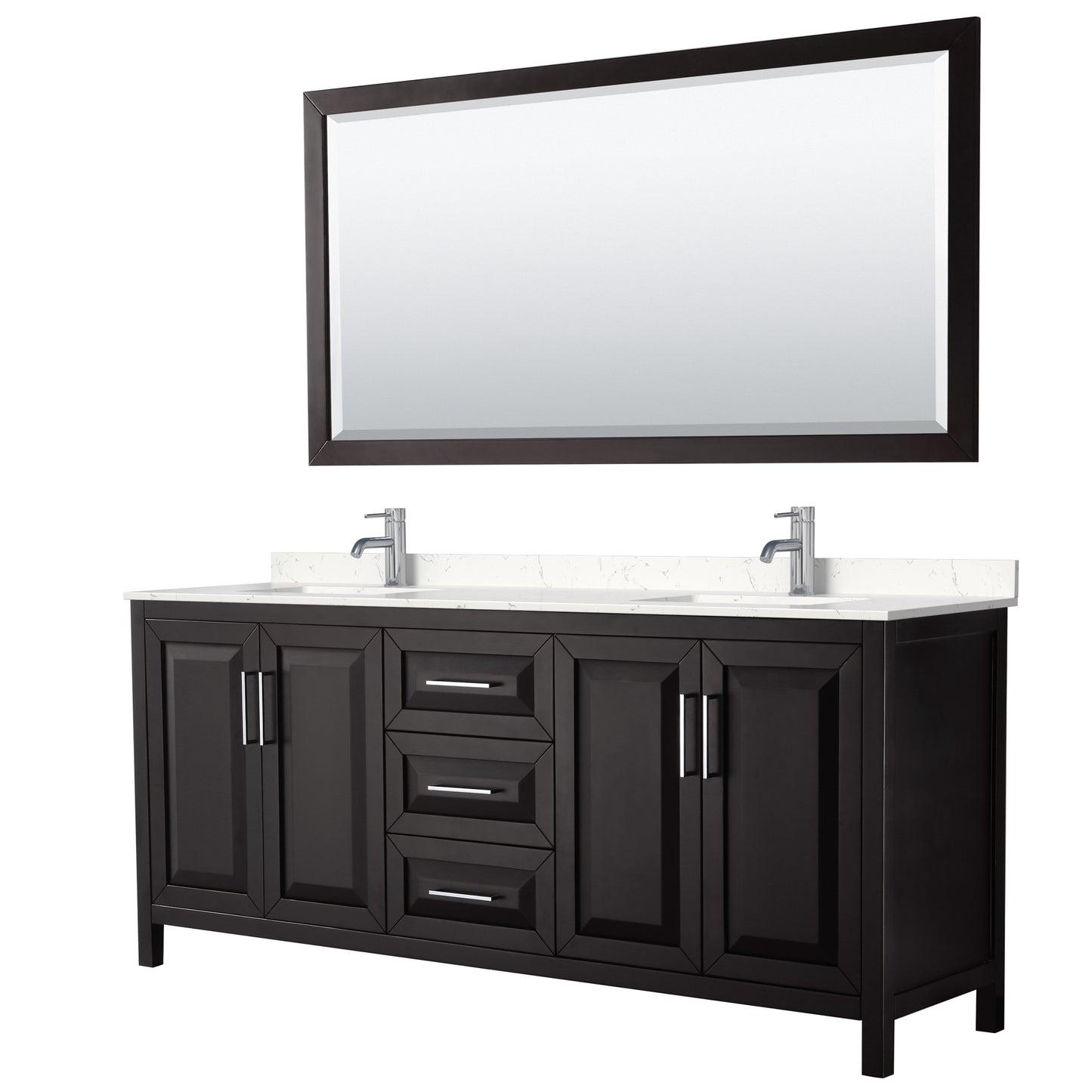 Daria 80" Double Vanity in Espresso, Carrara Cultured Marble Top, 70" Mirror
