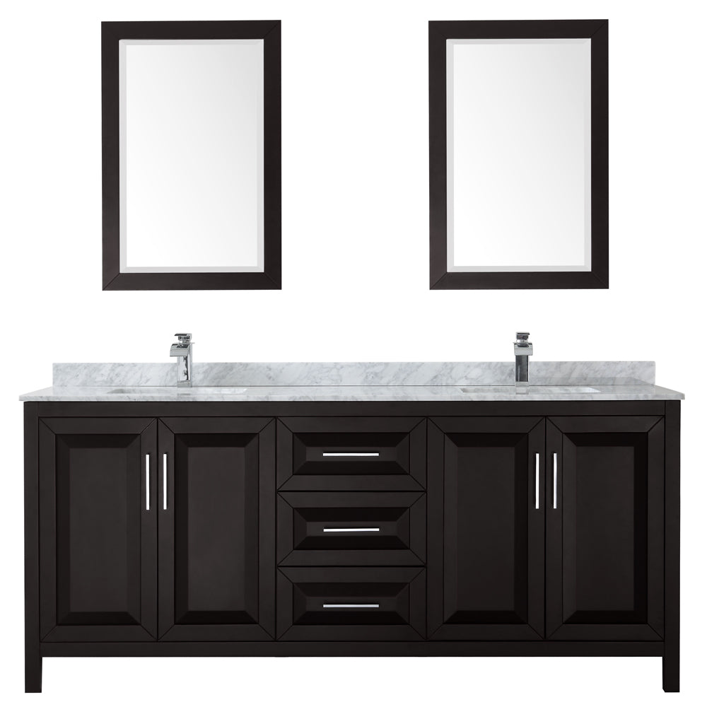 Daria 80" Double Vanity in Dark Espresso, Top, Square Sinks, 24" Mirrors