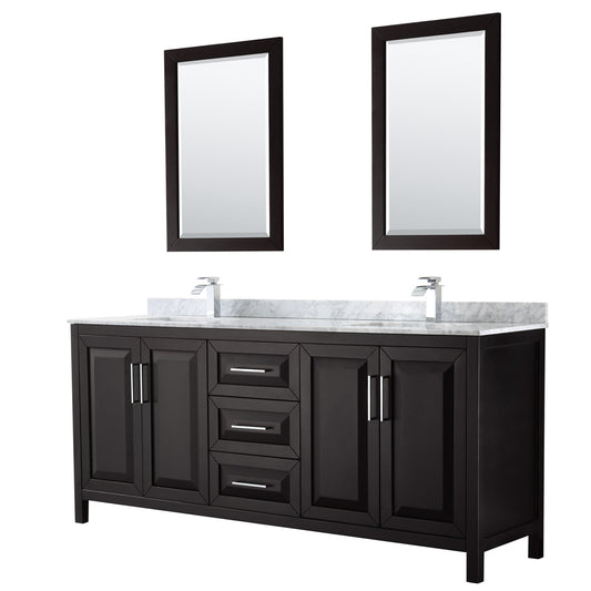 Daria 80 inch Double Bathroom Vanity in Dark Espresso, White Carrara Marble Countertop, Undermount Square Sinks, and 24 inch Mirrors