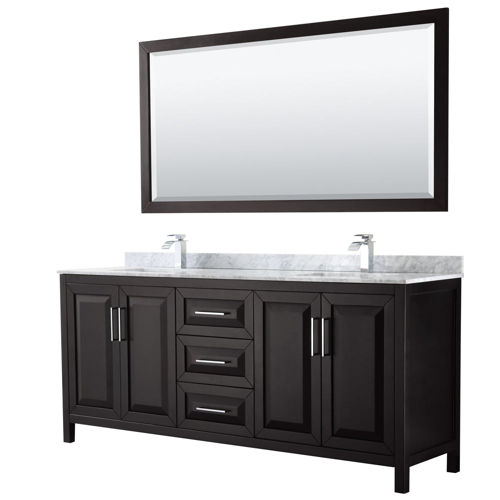 Daria 80 inch Double Bathroom Vanity in Dark Espresso, White Carrara Marble Countertop, Undermount Square Sinks, and 70 inch Mirror