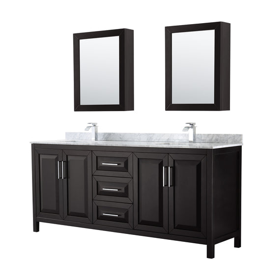 Daria 80 inch Double Bathroom Vanity in Dark Espresso, White Carrara Marble Countertop, Undermount Square Sinks, and Medicine Cabinets