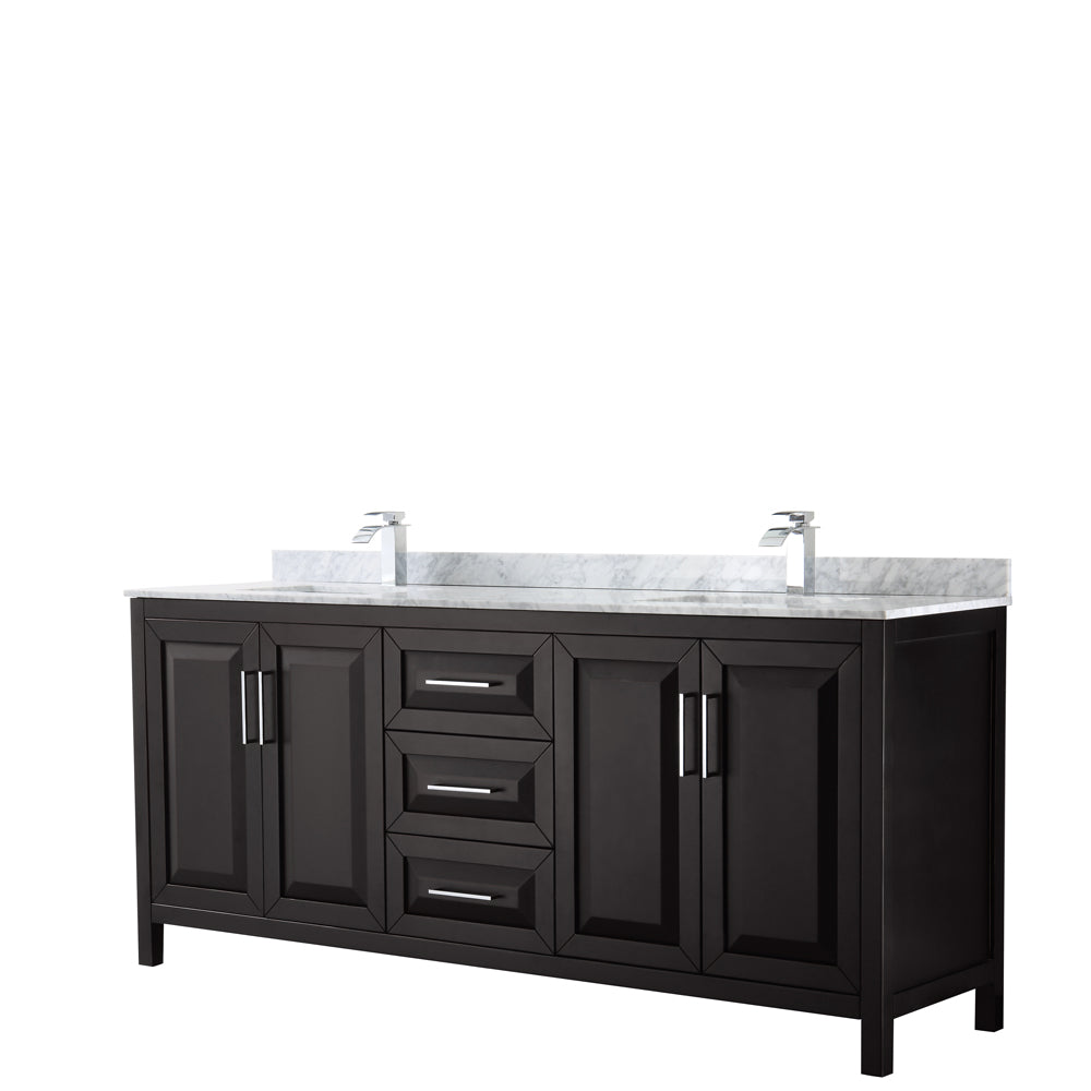 Daria 80 inch Double Bathroom Vanity in Dark Espresso, White Carrara Marble Countertop, Undermount Square Sinks, and No Mirror