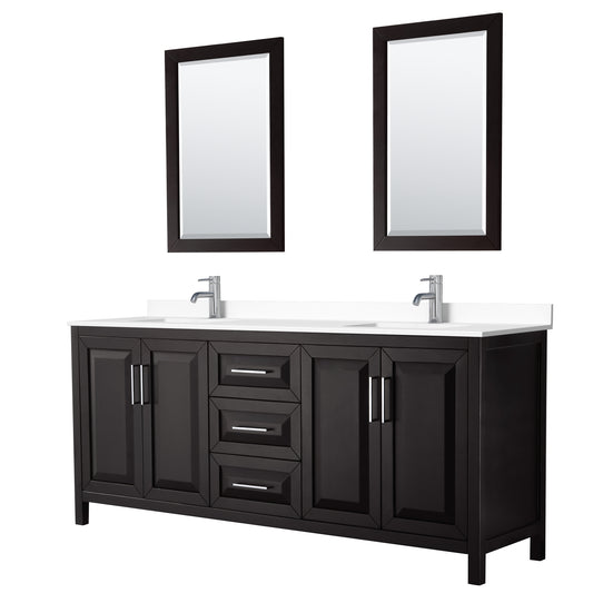 Daria 80" Double Vanity in Dark Espresso, White Cultured Marble Top, 24" Mirrors