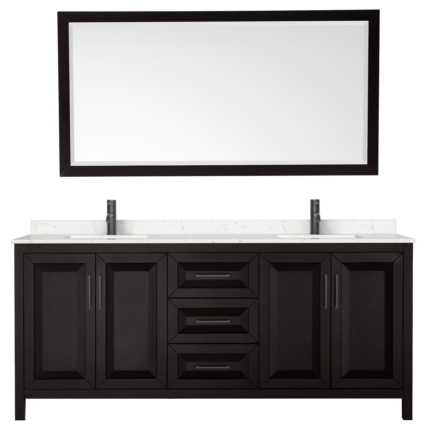 Daria 80" Espresso Double Vanity, Carrara Marble Top, Black Trim, 70" Mirror