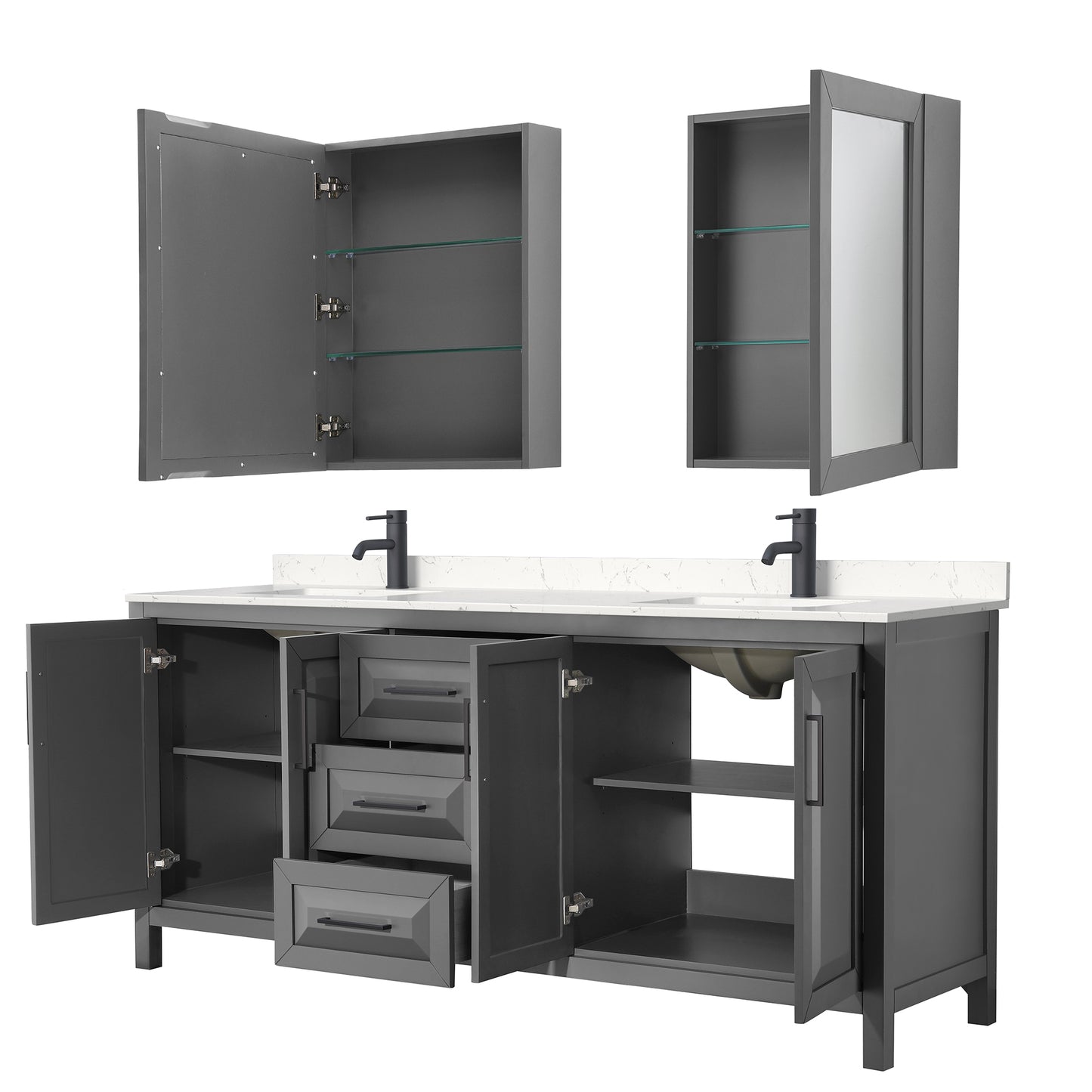 Daria 80" Gray Double Vanity, Carrara Marble Top, Black Trim, Medicine Cabinets