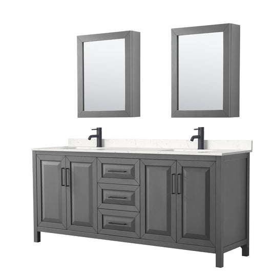 Daria 80" Gray Double Vanity, Carrara Marble Top, Black Trim, Medicine Cabinets